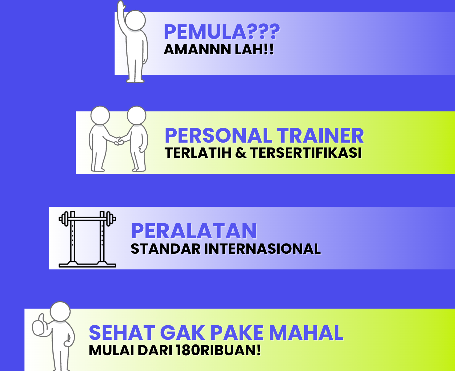 Pemula aman, Trainer terlatih, Peralatan internasional, Mulai dari 180 ribu!